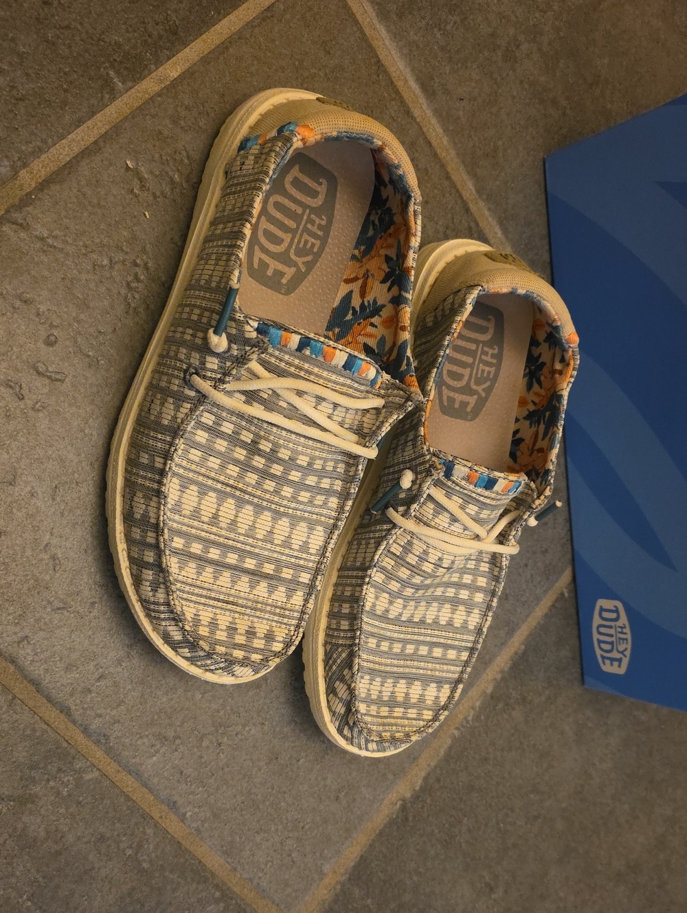 Hey Dude Women's Slip-On Loafers in Beige with Navy Embroidery Pattern